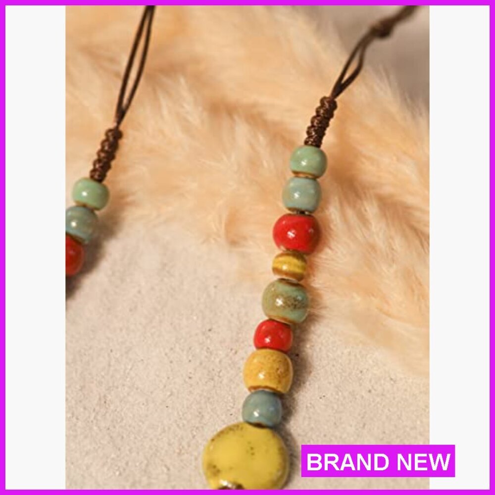 Boho Ceramic Bead Strand Necklace Adjustable Cord Vintage Bohemian Jewelry - Picture 3 of 6